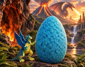 May include: A small blue and yellow dragon figurine standing next to a large, textured, crystalline blue egg. The dragon has raised wings and is positioned on a rocky surface, with a volcanic landscape and a flying dragon in the background.