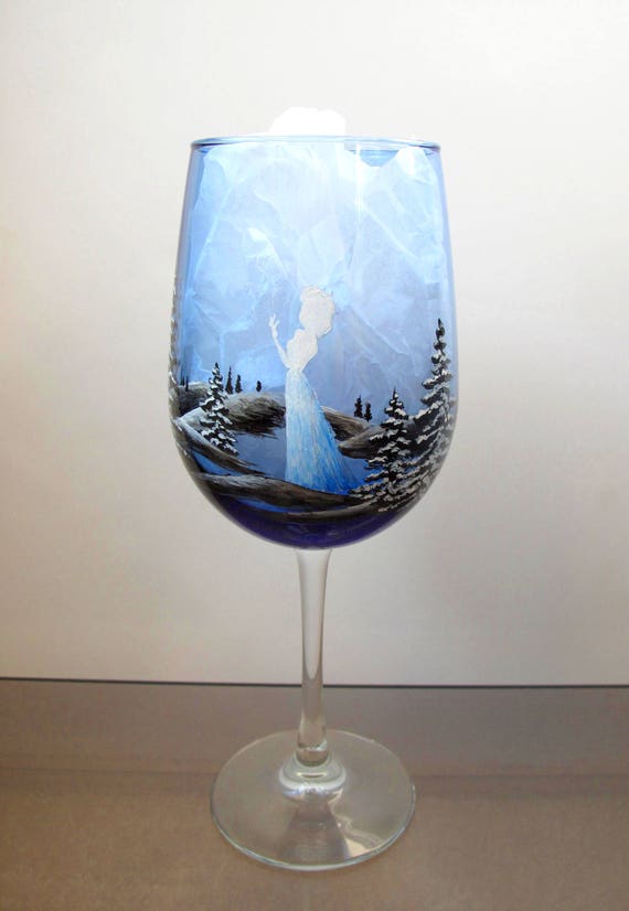 Disney Frozen Wine Glass, Elsa, Hand Painted, Cobalt Blue 