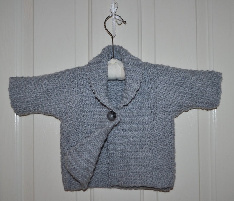 Size 6 Months One Button Shawl Collar Sweater Baby Boy or Girl Handmade Baby Shower Gift Soft Acrylic Baby Yarn Crochet Knit READY TO SHIP