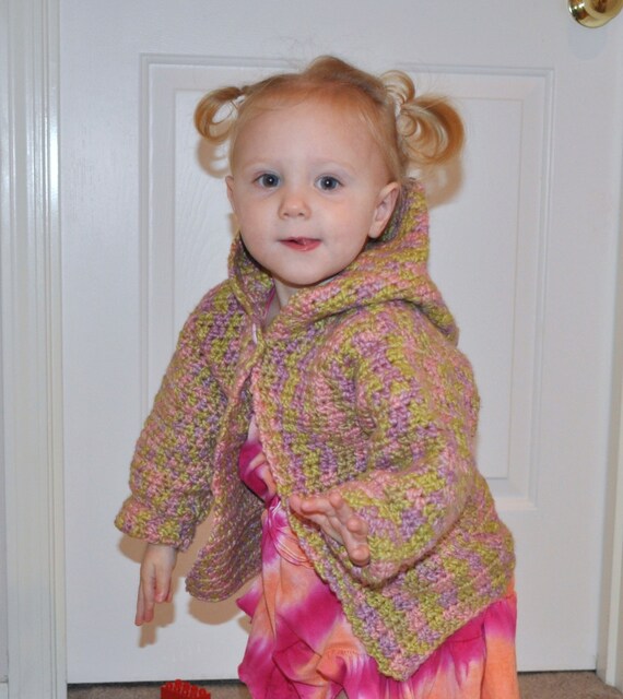 SOFT ORGANIC COTTON Hooded Toddler Girl Sweater Size 18-36 Months One Button Closure Pretty Pink Lavender Green Variegated Yarn Knit Crochet