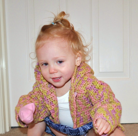 SOFT ORGANIC COTTON Hooded Toddler Girl Sweater Size 18-36 Months One Button Closure Pretty Pink Lavender Green Variegated Yarn Knit Crochet