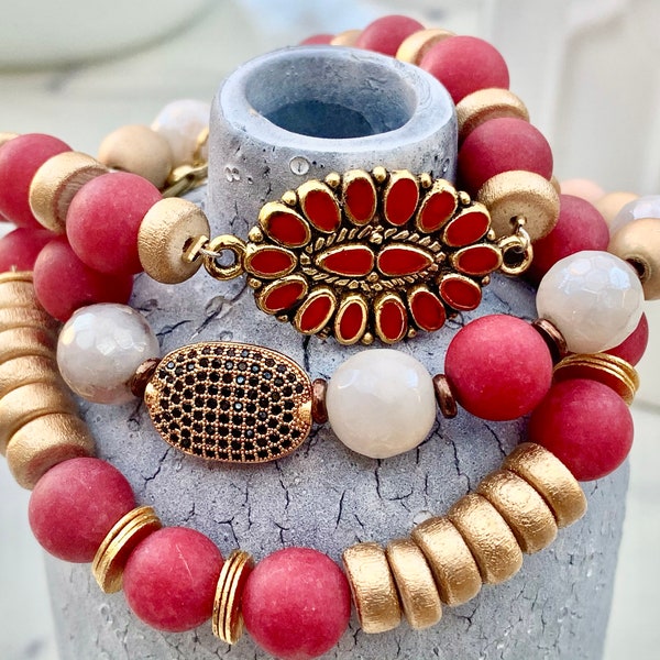 Triple Stack, Cherry Red Jade,  Boho Glam Bracelets,  Free Shipping