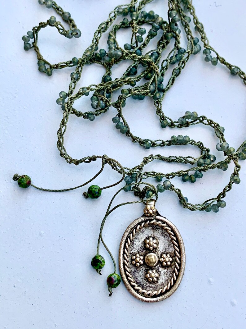 Crochet Necklace Czech Glass Beads Boho Style Handmade Artisan Jewelry FREE SHIPPING
