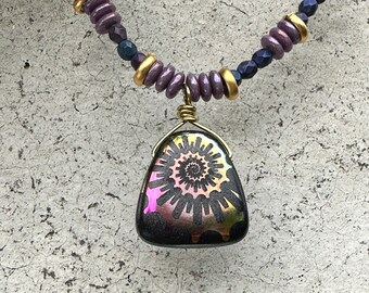 Handmade Necklace, Czech Glass Necklace, Laser Etched Swirl Pendant, Purple, Gold, Blue, 18 Inches