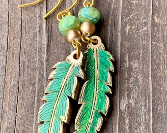 Hand Painted Green and Gold Wood Czech Glass Palm Leaf Earrings, Free Shipping Eligible