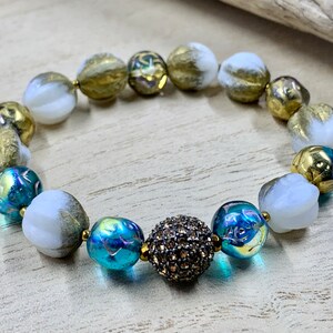 Handmade Bracelet, Czech Glass, White, Gold, Teal, Stretch Bracelet