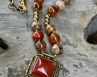 Dragon Vein Agate and Carnelian Pendant Necklace, 18 Inches Long