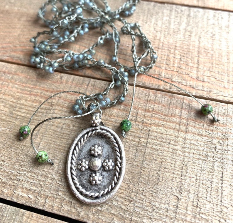 Crochet Necklace Czech Glass Beads Boho Style Handmade Artisan Jewelry FREE SHIPPING