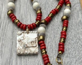 Aztec Style Jaguar Bone Necklace, Red, White, Gold, 22 Inches in Length