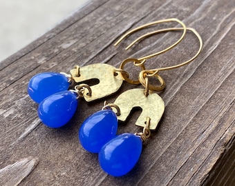 Brilliant Cobalt Blue Czech Glass and Brass  Dangle Earrings, Free Shipping Eligible