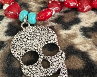 Red Glass Heart and Howlite Skull Necklace, 18 Inches Long
