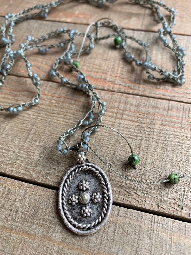 Crochet Necklace Czech Glass Beads Boho Style Handmade Artisan Jewelry FREE SHIPPING