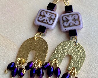 Square Purple Czech Glass Earrings With Brass Findings