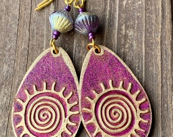 Purple, Gold, Wood and Czech Glass Sun Earrings
