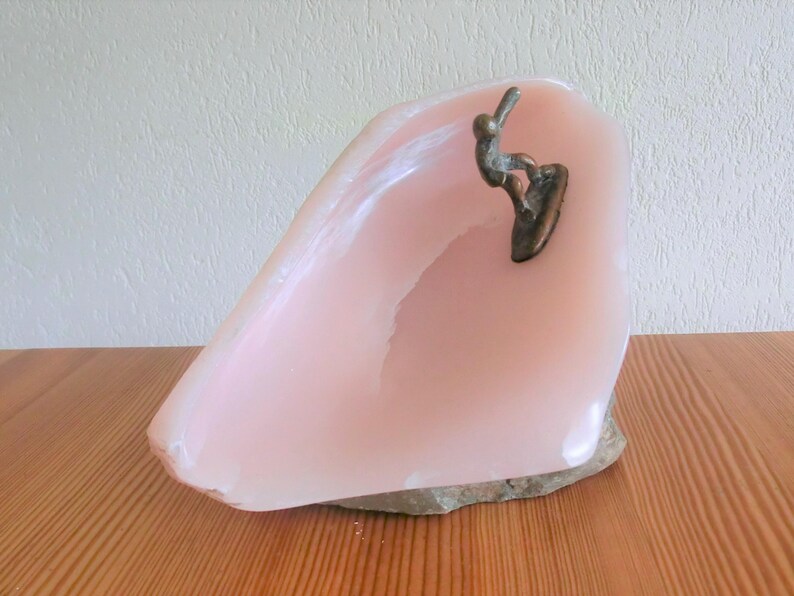 WAVE Pink Soapstone Sculpture With Massive Bronze Surfer/ Etsy