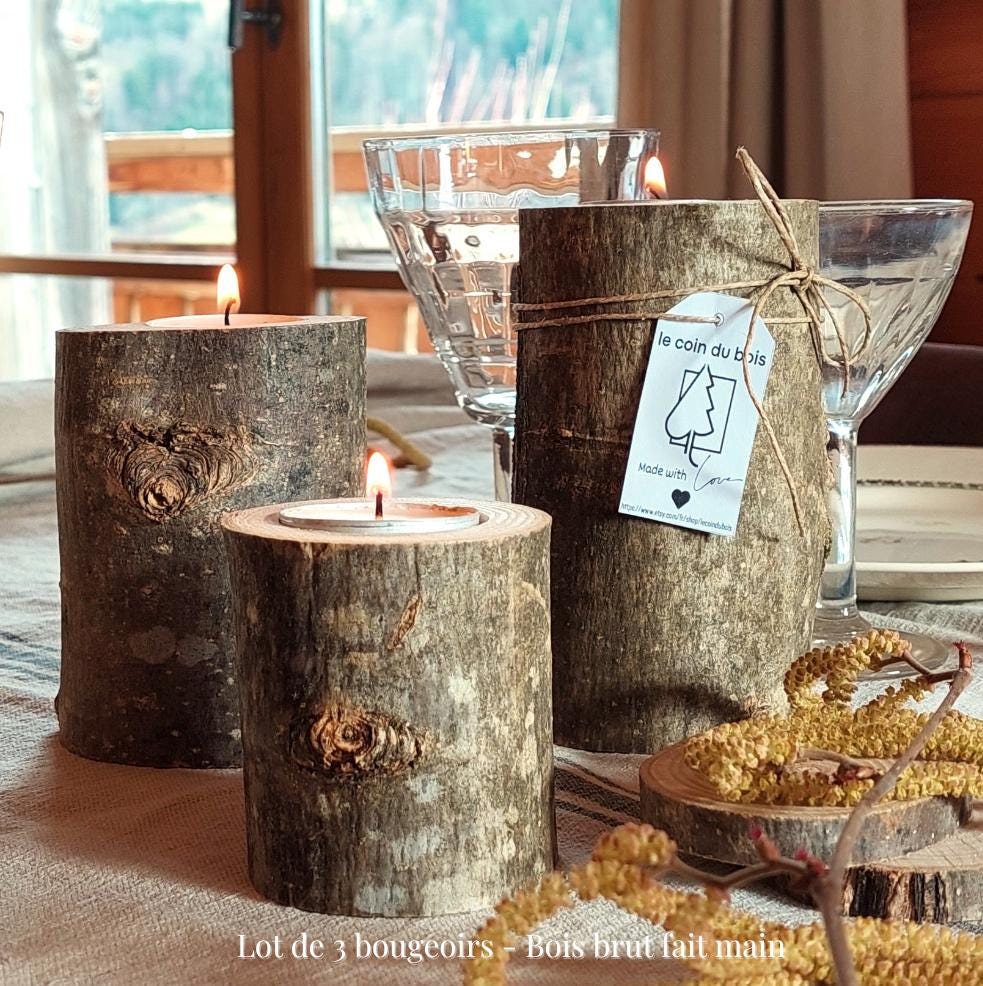Set 3 Portacandele In Legno Naturale A Forma Di Lume - Per Matrimoni, Cene E Decorazioni Rustiche