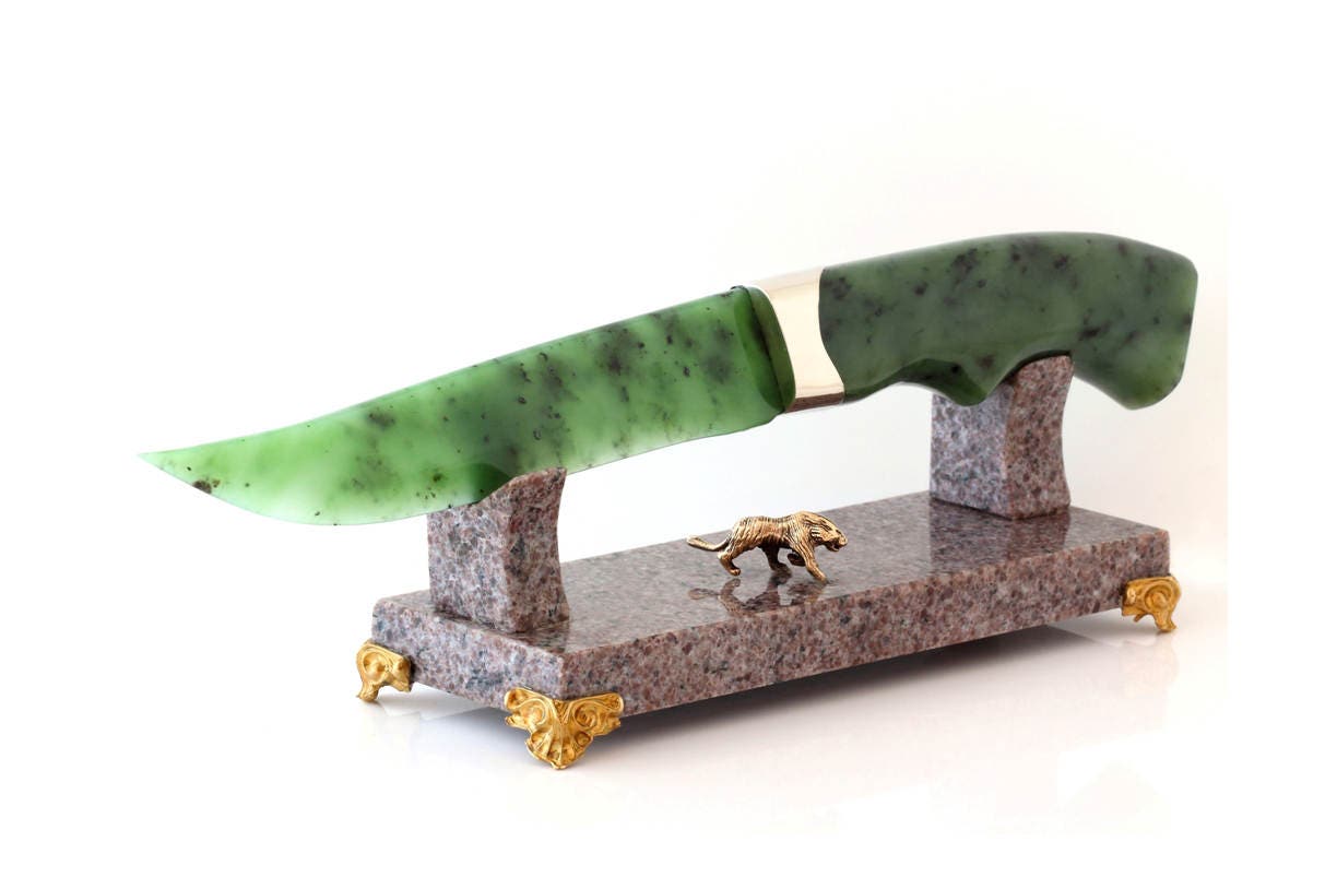 HandCarved Green Siberian Jade Knife with Anorthosite Etsy