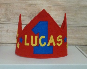 Personalized Boys Birthday crown, felt crown, any age Felt Birthday crown, red crown, boys Birthday cake smash crown, boys dress up crown