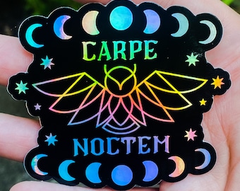 Carpe Noctem Holographic Sticker “Seize The Night” | Goth | Witchcraft | Pagan | Wicca | Spooky Sticker | Owl Sticker |