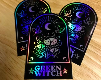 Green Witch Stained Glass Holographic Sticker | Goth | Psychedelic Plants | Pagan | Witchcraft | Green Witch | Hippie | Plant Mom | Mushroom