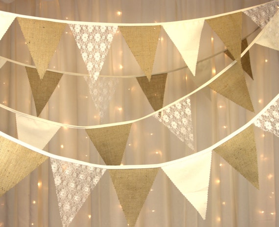Fabric Bunting hessian calico ivory lace shabby chic wedding rustic