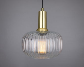 Nehir Reeded Glass and Brass Pendant 20cm