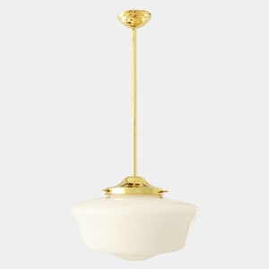 May include: A brass pendant light with a white glass shade. The shade is a classic, rounded shape with a slight curve at the bottom.