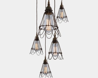 Praia Industrial Cage Pendant Cluster, Five Light