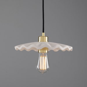 Kapok Organic Ceramic Pendant Light 27cm, Matte White Striped Polished Brass