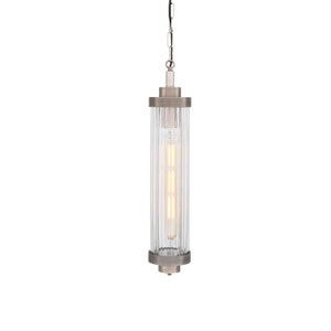 May include: A silver pendant light with a clear glass shade featuring vertical lines. The light is hanging from a silver chain.