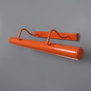 May include: A bright orange picture light with a long cylindrical lamp head and a rectangular wall-mounting plate. The fixture features two curved, adjustable arms that connect the lamp head to the base, allowing for directional light positioning.