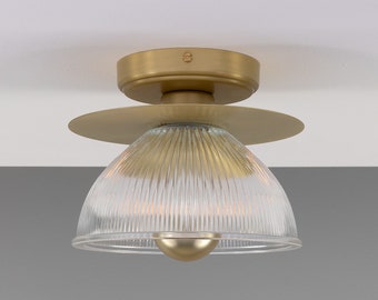 Eclipse Brass and Holophane Glass Dish Ceiling Light