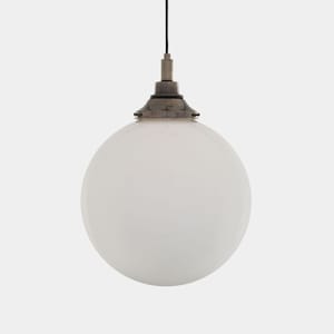 May include: A white globe pendant light with a silver metal fixture.