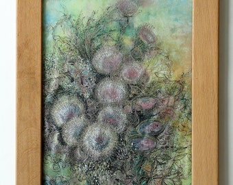 THISTLES. Hand Painted 100% Silk. Gold outline, Sekyt Art Studio Original