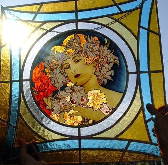 Alphonse Mucha Flower Stained Glass Window Panel Original Etsy Canada