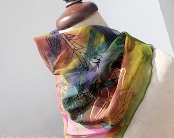 LILIE.Hand Painted 100% CHIFFON scarf.
