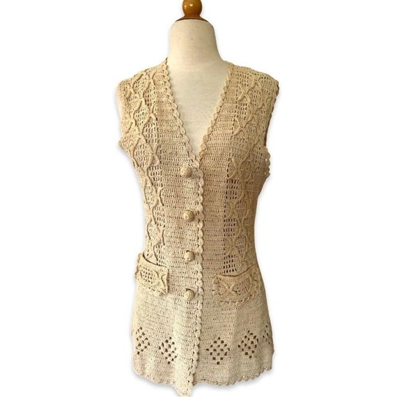 Vintage Handmade crochet Vest boho hippie beige t… - image 5