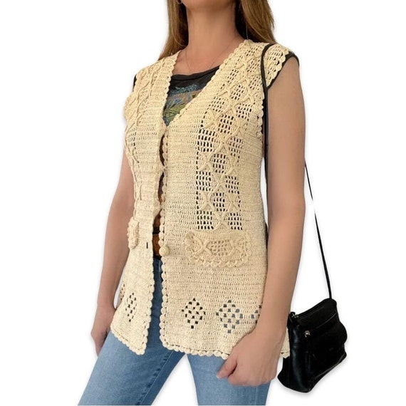 Vintage Handmade crochet Vest boho hippie beige t… - image 1