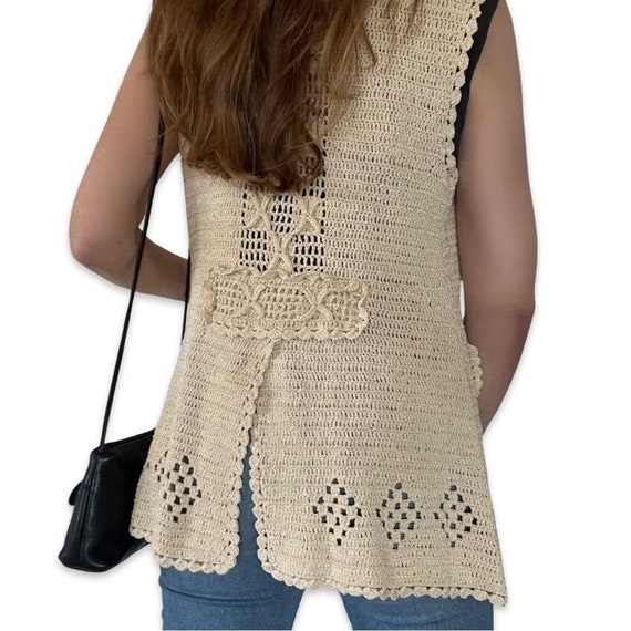 Vintage Handmade crochet Vest boho hippie beige t… - image 4