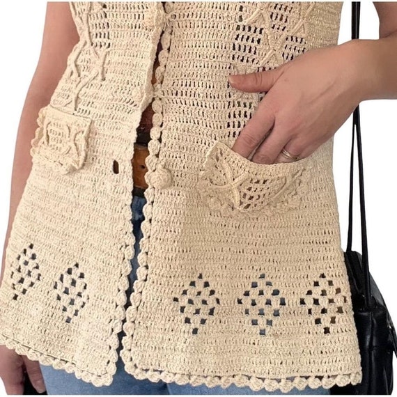 Vintage Handmade crochet Vest boho hippie beige t… - image 6