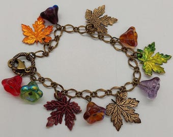 Autumn Leaves Charm Bracelet, Painted Brass, Czech Glass Flowers, Maple Leaves
