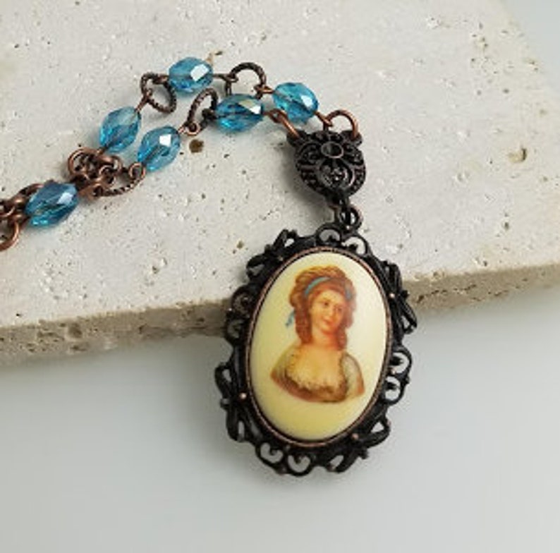 Vintage Cameo Necklace Cameo Necklace Rusted Iron Necklace Aqua Necklace