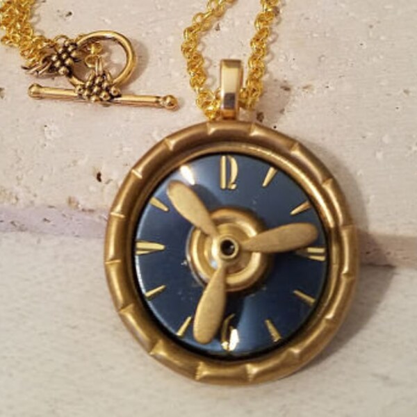 Pendant, Brass Necklace, Vintage watch, Propeller, Blue necklace