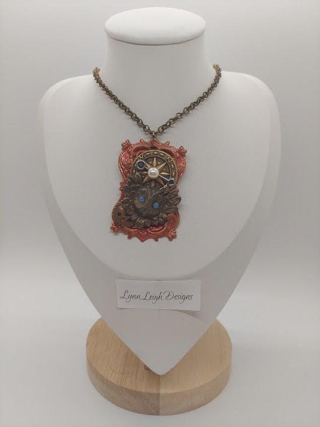 Owl's Journey Necklace   - Owl, Red Necklace, Steampunk