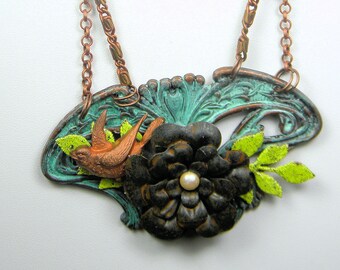 Rusty Rose & Vintage Bird Assemblage Necklace, Statement Necklace, Collage Necklace, Vintage Look, Flower Necklace, OOAK, Artisan Necklace