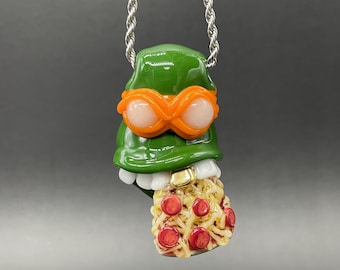 Glass Ninja Turtle Pendant – Handmade Michelangelo Pizza Necklace, TMNT Fan Jewelry