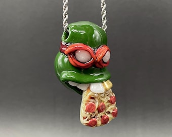 Glass Ninja Turtle Pendant – Handmade Raphael Pizza Necklace, TMNT Fan Jewelry