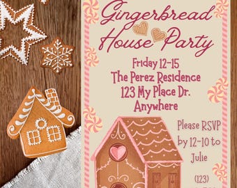 Könnte beinhalten: Eine festliche Einladung zu einer Lebkuchenhaus-Party, mit einer Lebkuchenhaus-Illustration und dekorativen Elementen. Die Einladung enthält Datum, Ort und RSVP-Informationen. Mehrere Lebkuchenkekse sind um die Einladung herum verstreut.