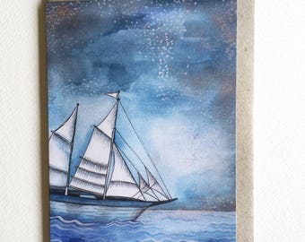 Greeting Card, A6. Watercolour Sailing Boat Artwork. Sail Boat Painting. Artwork by Jennifer Magno on Etsy.