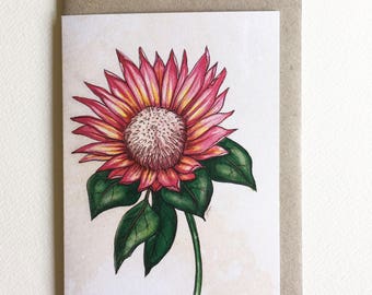 Greeting Card, A6. Watercolour Protea Flower Artwork. Pink Protea. Artwork by Jennifer Magno on Etsy.